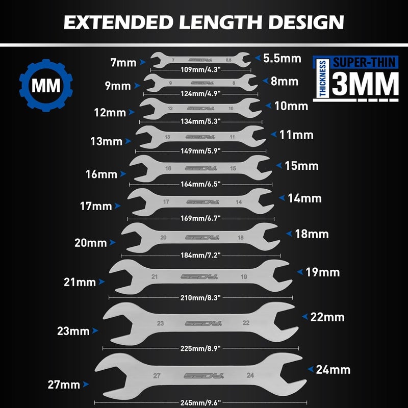 SEDY 10-Piece Super Thin Open-End Wrench Set, Metric 5.5–27mm, 3mm Thickness Slim Wrench Set for Tight Spaces, Nickel Plated Flat Wrenches with Rolling Storage Pouch - Image 2